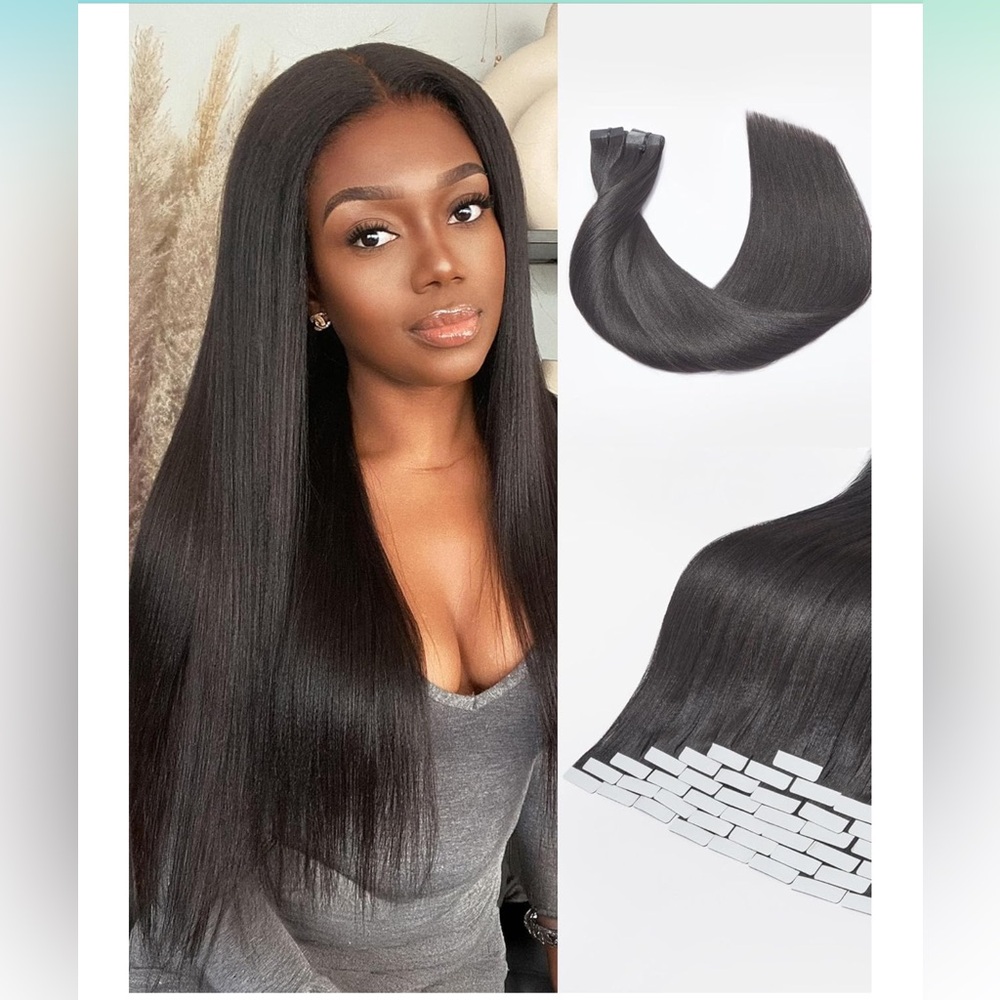 HUMAN HAIR Black Yaki Straight Seamless Tape In Extensions 18in 110g